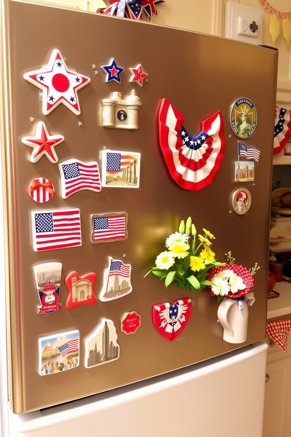 Create a collection of themed fridge magnets for a festive Memorial Day celebration. The magnets should feature patriotic symbols such as stars and stripes, along with images of flags and iconic American landmarks. Design the kitchen with a warm and inviting atmosphere, incorporating red, white, and blue color schemes. Include decorative elements like bunting and fresh flowers to enhance the Memorial Day theme.