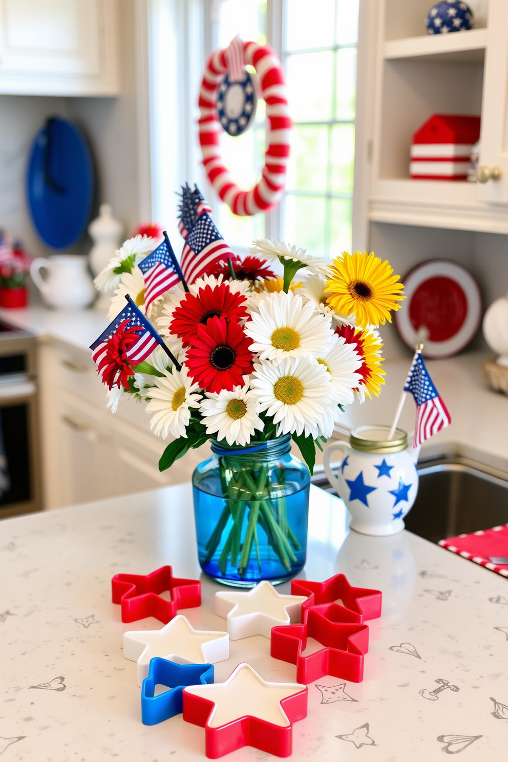 A festive kitchen setting for Memorial Day. The countertop is adorned with star shaped cookie cutters in red white and blue, ready for baking patriotic treats. Colorful decorations such as small flags and themed tableware enhance the holiday spirit. A cheerful display of fresh flowers in a vase adds a touch of summer charm to the kitchen.