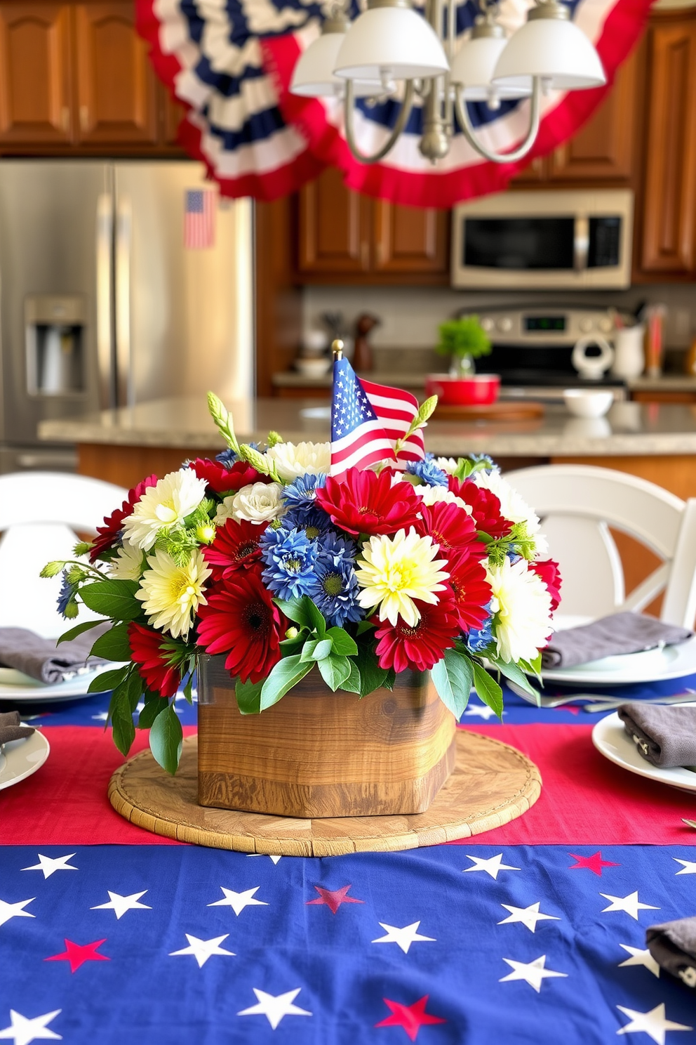 A festive mason jar utensil holder is placed on a rustic wooden countertop in a cheerful kitchen. The jars are filled with colorful spatulas, wooden spoons, and whisks, adorned with red, white, and blue ribbons for a Memorial Day theme. The kitchen features a vibrant backsplash with star-patterned tiles and a centerpiece of fresh flowers in patriotic colors. A banner with stars and stripes hangs above the window, completing the festive decor for the holiday celebration.