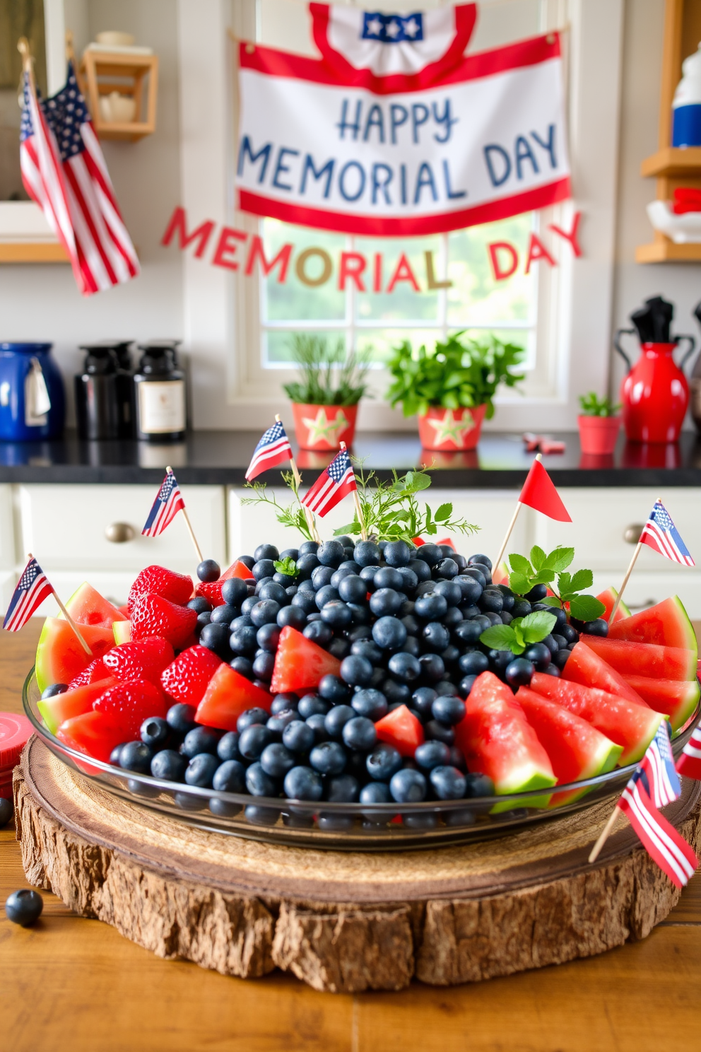 A vibrant and festive fruit platter is beautifully arranged with an abundance of fresh blueberries, strawberries, and slices of watermelon. The platter is artfully displayed on a rustic wooden table, surrounded by small decorative flags and festive tableware. The kitchen is adorned with red, white, and blue accents, featuring a cheerful banner that celebrates Memorial Day. Fresh herbs in decorative pots are placed on the windowsill, adding a touch of greenery and a welcoming atmosphere.