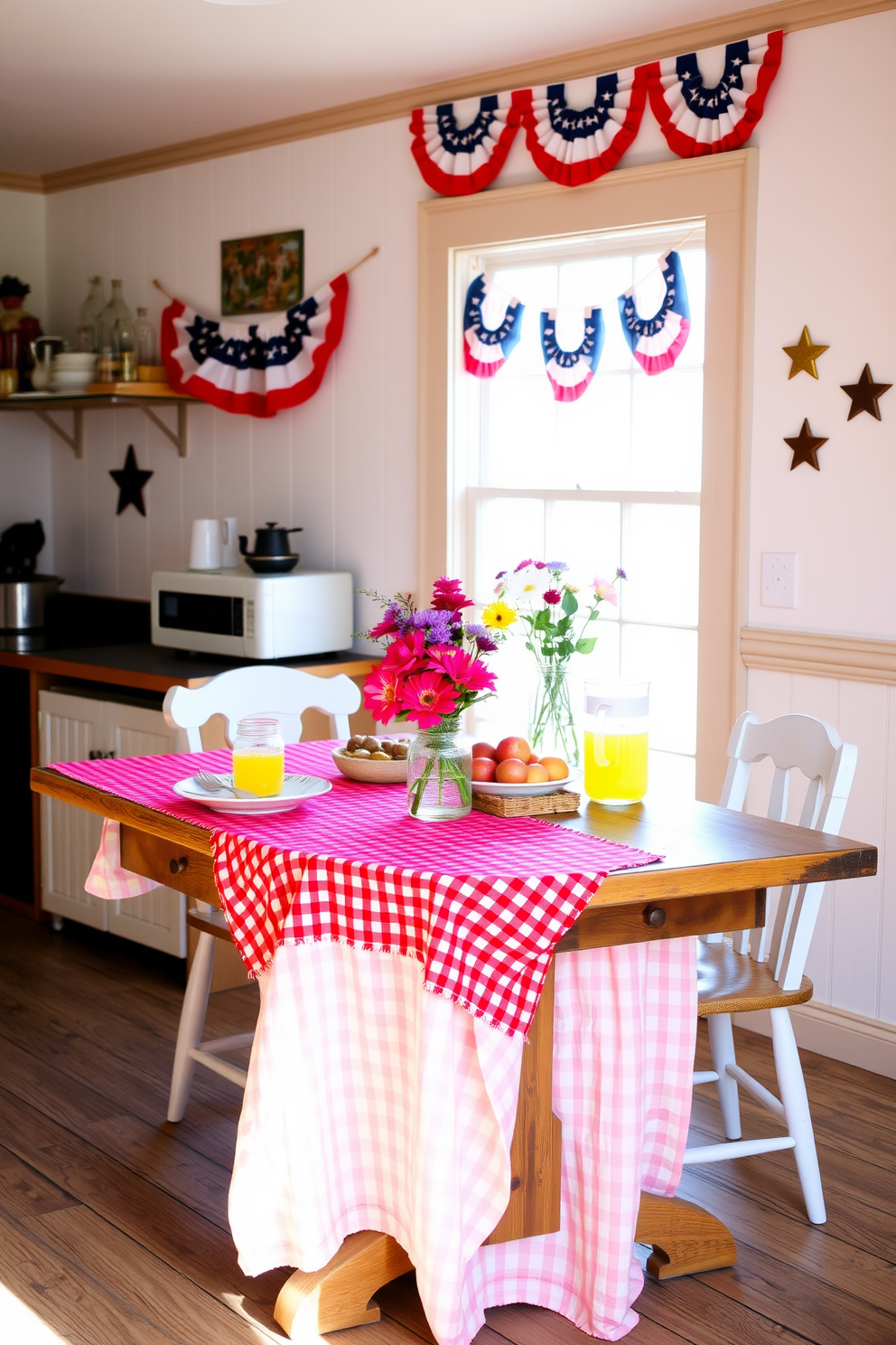 A charming kitchen setting adorned with a red gingham tablecloth that evokes a delightful picnic atmosphere. The table is set with white dishes and rustic wooden utensils, complemented by fresh flowers in a mason jar as a centerpiece.