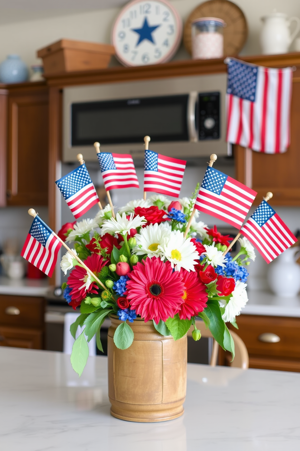 Create a festive kitchen scene for Memorial Day featuring mini flags placed in various potted herbs. The kitchen is bright and airy, with a rustic wooden table adorned with fresh herbs and vibrant flags, creating a cheerful and patriotic atmosphere.