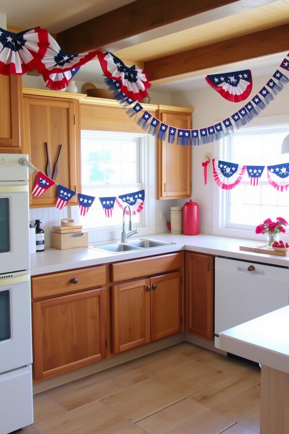 A cheerful kitchen adorned with star spangled bunting draping across the walls, creating a festive atmosphere for Memorial Day celebrations. The bunting features vibrant red, white, and blue colors, complementing the rustic wooden cabinets and white countertops in the kitchen.