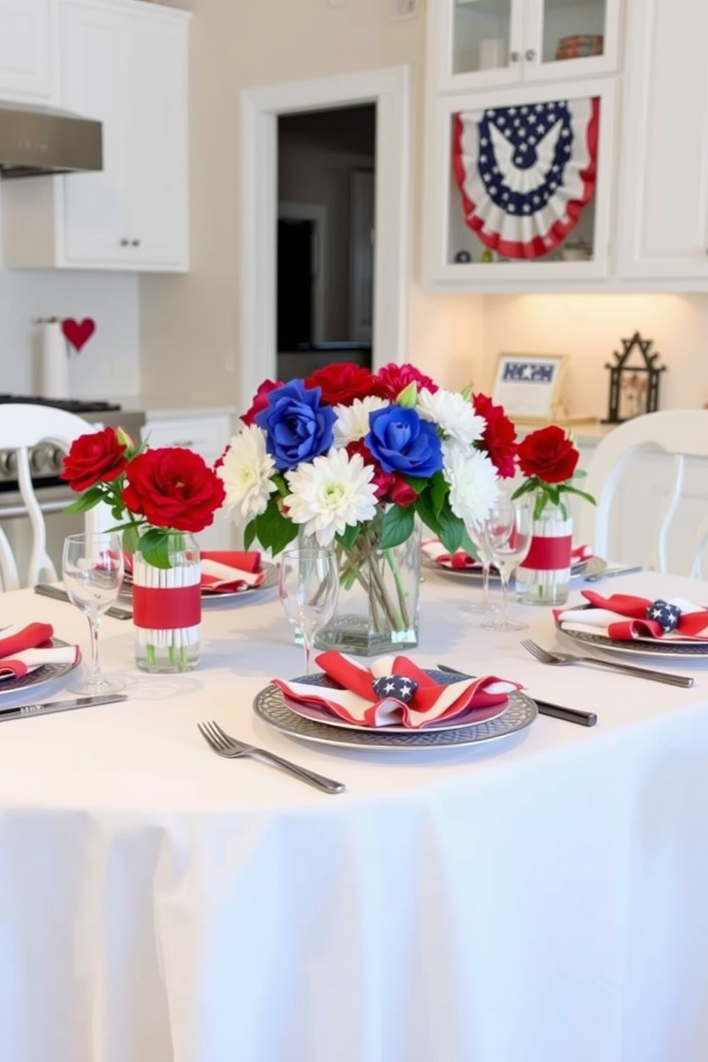 Create a festive kitchen setting for Memorial Day featuring red white and blue napkin holders. The table is elegantly set with a white tablecloth and adorned with fresh flowers in patriotic colors.