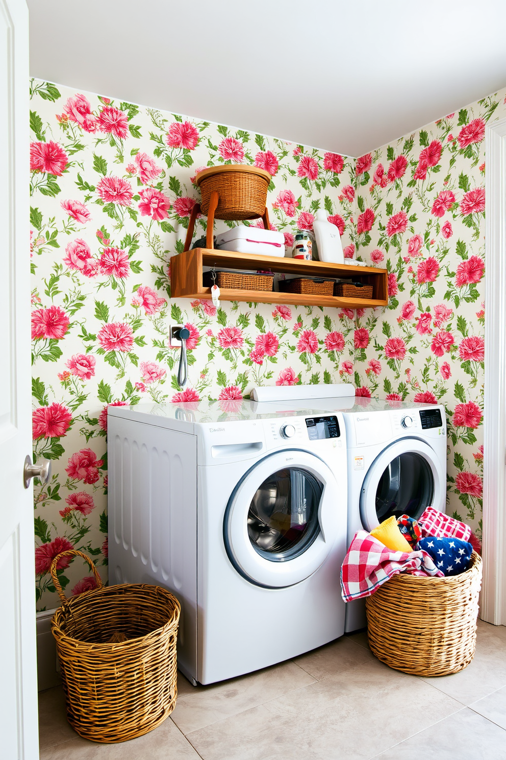 Bright floral wallpaper adorns the walls, bringing a vibrant and fresh atmosphere to the laundry room. The space features a functional design with a large white washing machine and dryer side by side, complemented by a rustic wooden shelf above for storage. A woven basket sits in the corner, filled with colorful towels and laundry essentials. The floor is covered in light gray tiles, creating a clean and inviting environment perfect for Memorial Day celebrations.