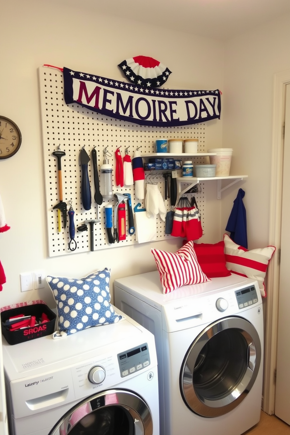 A functional laundry room featuring a pegboard installed on the wall for easy access to tools and supplies. The pegboard is organized with hooks and shelves, showcasing neatly arranged items for efficient laundry tasks. The space is decorated with a Memorial Day theme, incorporating red, white, and blue accents throughout the room. A cheerful banner hangs above the washing machine, and decorative cushions are placed on a small bench for added comfort.