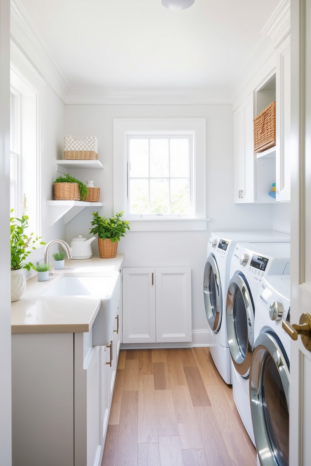 A bright and airy laundry room filled with natural light. The space features white cabinetry and a farmhouse sink, while a stylish washer and dryer are neatly tucked away. Add greenery with potted plants or herbs on the countertop to bring life to the room. Decorative baskets are placed on shelves to organize laundry essentials, enhancing both functionality and aesthetics.