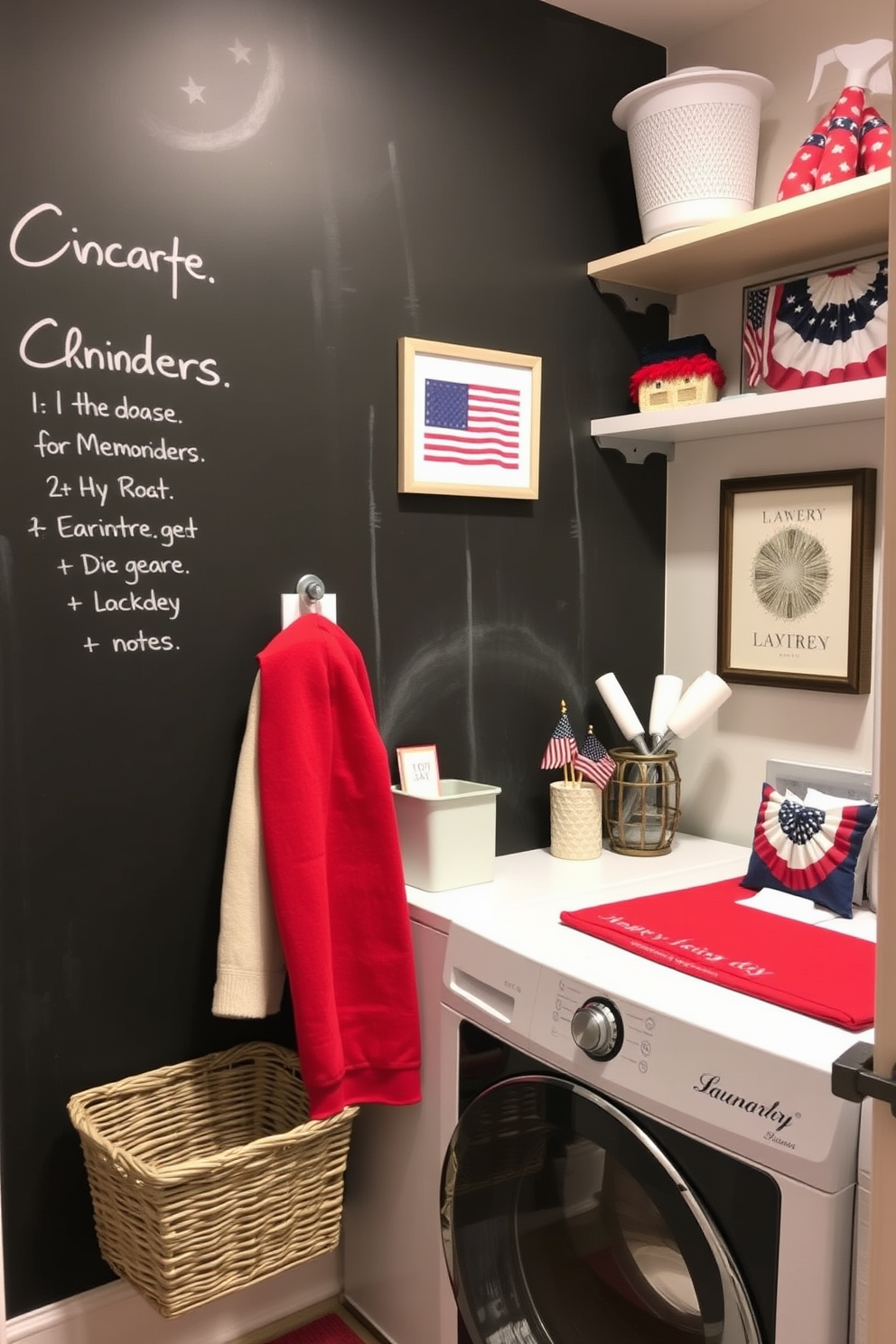 A functional laundry room features a chalkboard wall for writing reminders and notes. The space is adorned with cheerful decor elements that celebrate Memorial Day, including red white and blue accents and themed artwork.