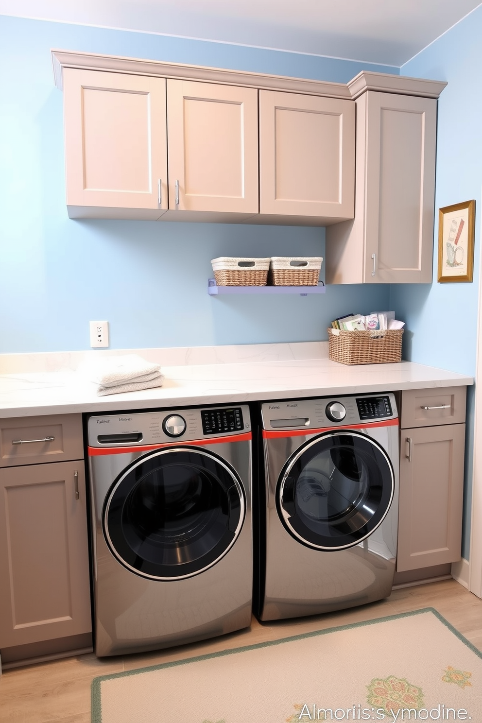 A functional laundry room designed for efficiency and comfort. The centerpiece is a spacious countertop made of durable quartz, perfect for folding clothes, with ample storage cabinets above and below. The walls are painted in a soft blue hue, creating a calming atmosphere. Stylish baskets are neatly arranged on the shelves to organize laundry essentials, while a cheerful rug adds a touch of warmth to the space.