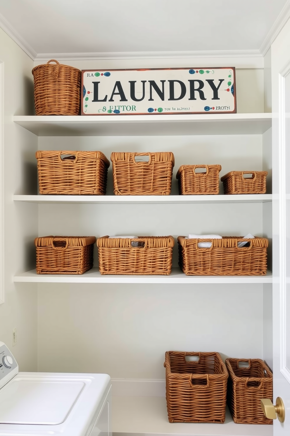 A charming laundry room featuring wicker baskets arranged neatly on open shelving. The walls are painted in a soft pastel color, and a vintage-style laundry sign adds a touch of nostalgia.