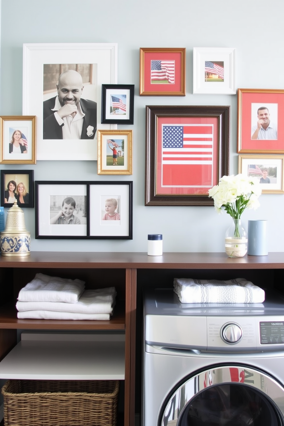 Create a gallery wall featuring a mix of framed art pieces that celebrate the spirit of Memorial Day. Incorporate patriotic colors and themes, using red, white, and blue artwork alongside personal photographs in stylish frames. Design a functional laundry room that combines practicality with aesthetic appeal. Include open shelving for storage, a stylish folding station, and decorative elements that reflect a cheerful and inviting atmosphere.