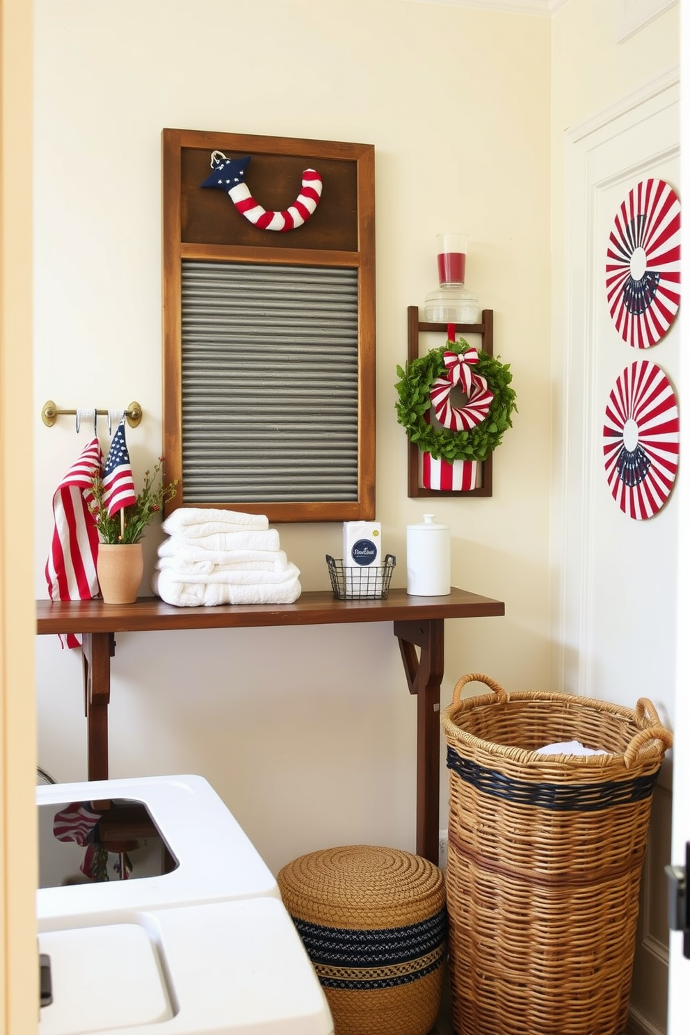 A charming laundry room inspired by Memorial Day celebrations. The space features a vintage washboard displayed on the wall, surrounded by patriotic-themed decor in red, white, and blue hues. A rustic wooden table holds neatly folded towels and laundry supplies, while a woven basket sits nearby for sorting clothes. The walls are painted in a soft cream color, enhancing the warm and inviting atmosphere of the room.