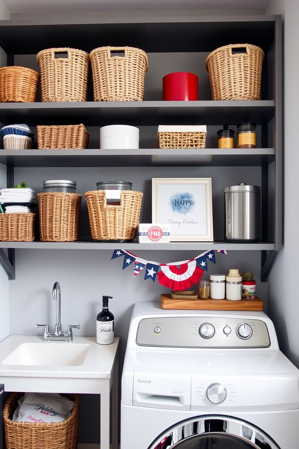 Open shelving creates a modern and functional laundry room with stylish storage solutions. The shelves are filled with neatly arranged baskets and decorative jars, providing both organization and aesthetic appeal. Incorporate patriotic colors like red, white, and blue through accessories and decor. A cheerful banner or framed art piece can enhance the festive atmosphere while keeping the space inviting and practical.