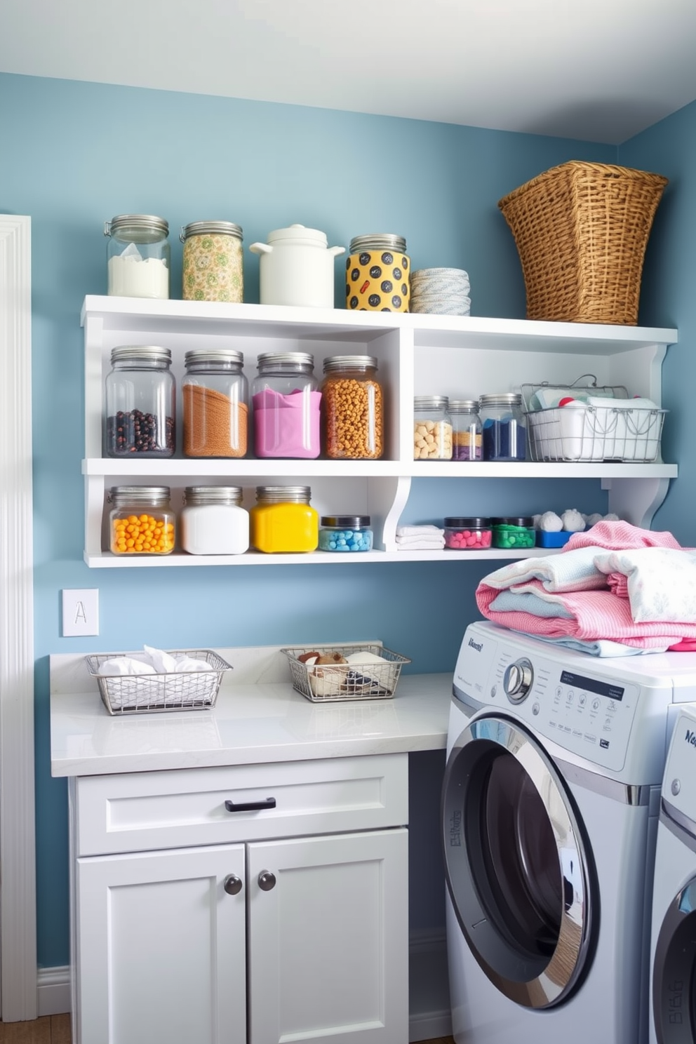 A bright and airy laundry room features clear jars neatly arranged on open shelves, showcasing colorful laundry supplies for easy access. The walls are painted in a soft blue hue, complemented by white cabinetry and a stylish countertop for folding clothes.