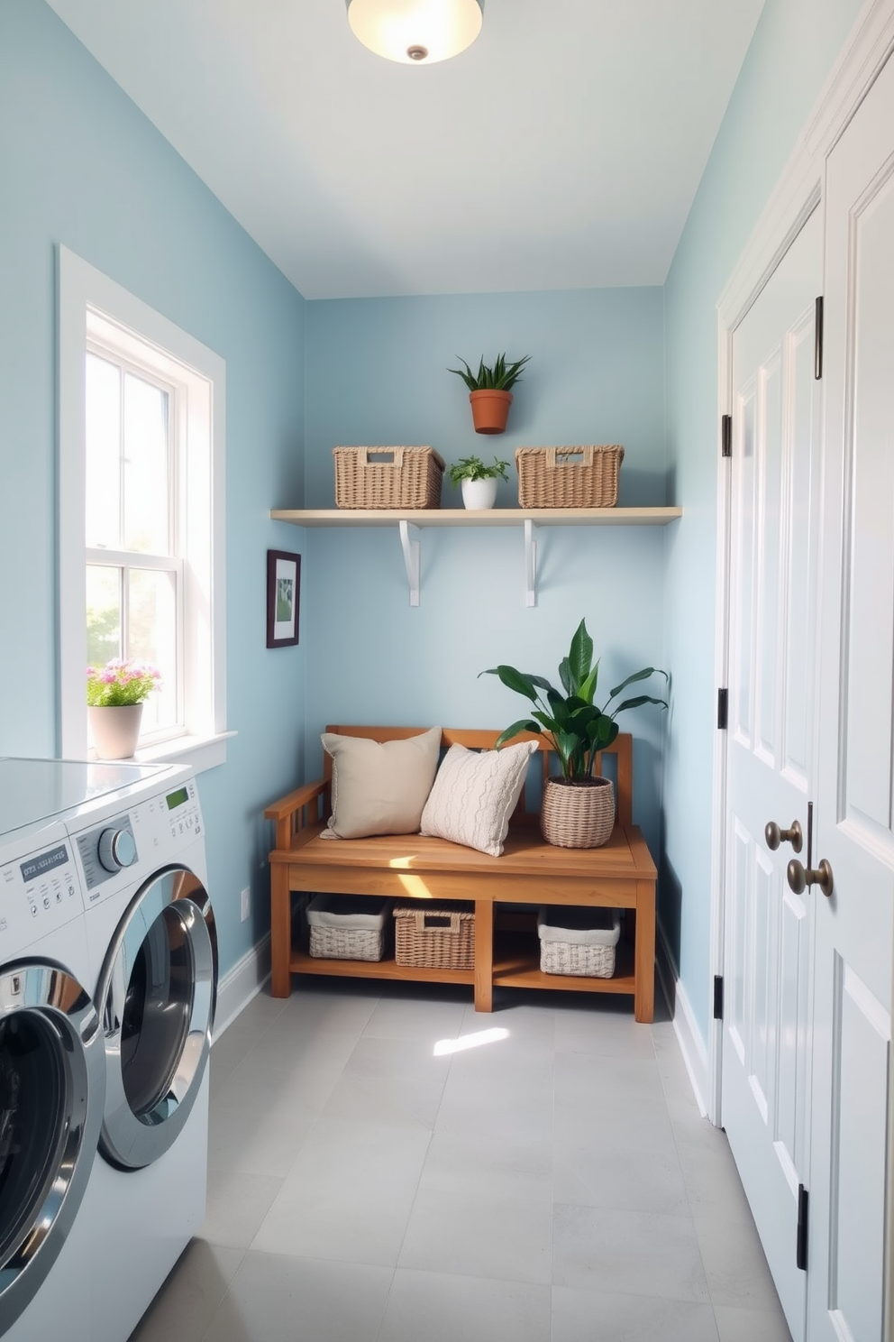 A bright and airy laundry room featuring a small bench for a cozy seating area. The walls are painted in a soft pastel blue, and the floor is covered with light grey tiles for a clean look. A wooden bench with plush cushions is positioned near the window, allowing for natural light to fill the space. Shelves above the bench hold decorative baskets and potted plants, adding a touch of greenery to the room.