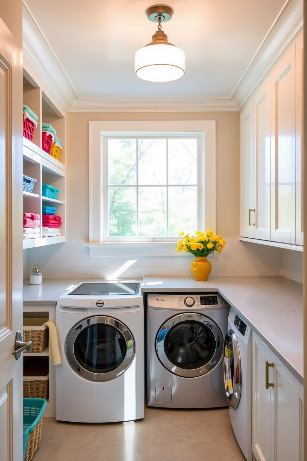 A bright and cheerful laundry room designed to make laundry day enjoyable. The walls are painted in a soft blue hue, complemented by white cabinetry and open shelving displaying neatly folded towels. A large farmhouse sink sits in the center, surrounded by a countertop adorned with decorative jars and potted plants. Inspirational quotes are framed on the walls, adding a personal touch and motivation to tackle the laundry tasks.