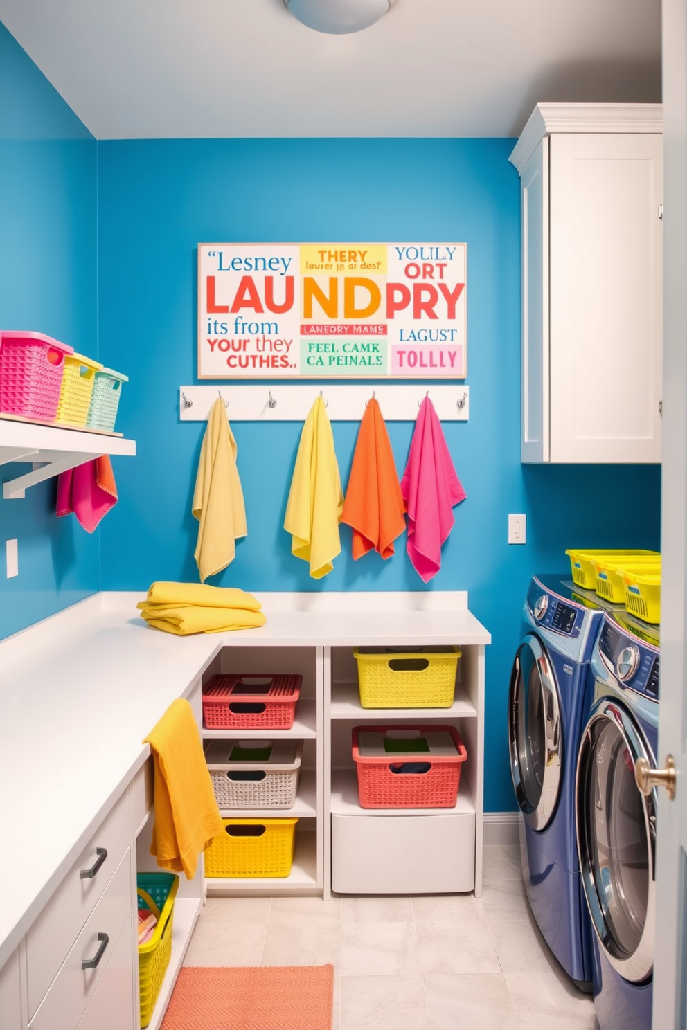 A vibrant laundry room filled with energy features bright blue walls complemented by cheerful yellow accents. The space includes a spacious white countertop for folding clothes and decorative storage baskets in various colors lined up on open shelves. A playful wall art display showcases fun laundry-themed quotes in bold typography. Brightly colored towels hang neatly from hooks, adding a pop of color and a sense of whimsy to the overall design.