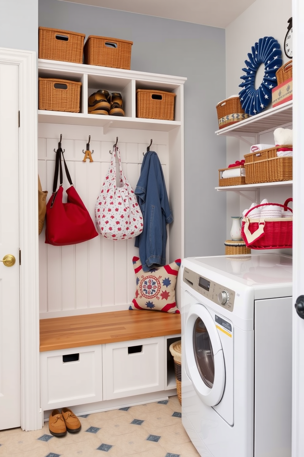 Create a cozy mudroom area designed for shoes and bags. The space features built-in wooden benches with storage underneath and hooks on the wall for hanging bags and jackets. For the laundry room, envision a bright and cheerful space decorated for Memorial Day. Incorporate red, white, and blue accents, with a vintage-style washing machine and decorative baskets for laundry.