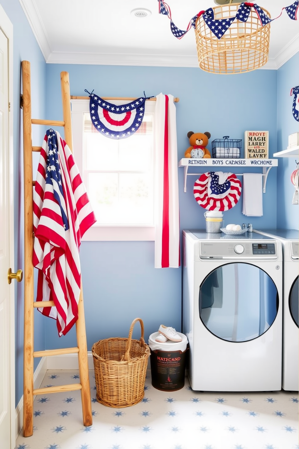 Create a personalized laundry room featuring custom laundry baskets for each family member. The room is decorated with a patriotic theme for Memorial Day, incorporating red white and blue accents throughout the space.