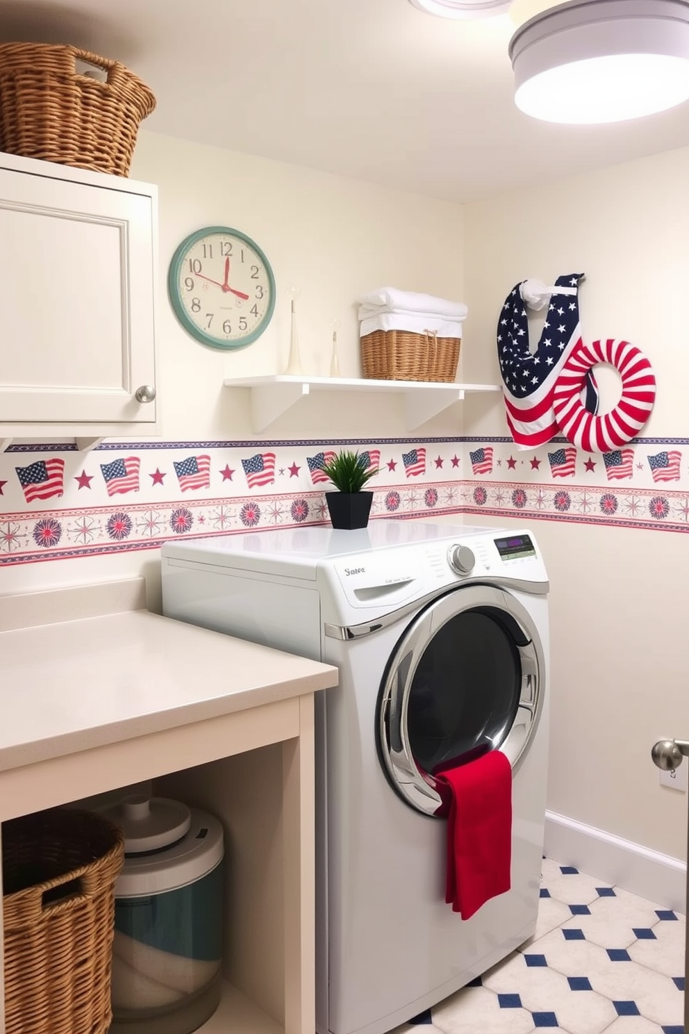 Create a cheerful laundry room that features a fun wallpaper border with a patriotic theme for Memorial Day. The walls are painted in a light and airy color, and the border showcases red, white, and blue patterns that celebrate the holiday. Include a spacious countertop for folding clothes, adorned with decorative baskets for organizing laundry supplies. Add a vintage-style washing machine and dryer set, complemented by a small potted plant to bring a touch of nature indoors.