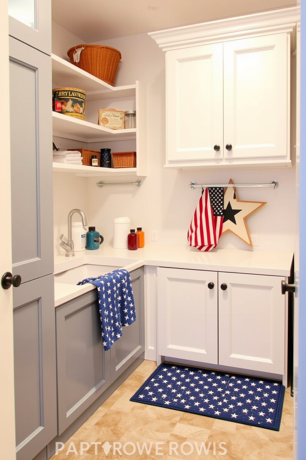 A stylish laundry room features an integrated pet washing area designed for convenience. The space includes a built-in dog wash station with a tiled backsplash and a handheld showerhead, ensuring easy cleanup for furry friends. The laundry room is adorned with patriotic decor for Memorial Day, incorporating red, white, and blue accents. Functional shelving displays decorative baskets and seasonal items, creating a welcoming atmosphere while maximizing storage.