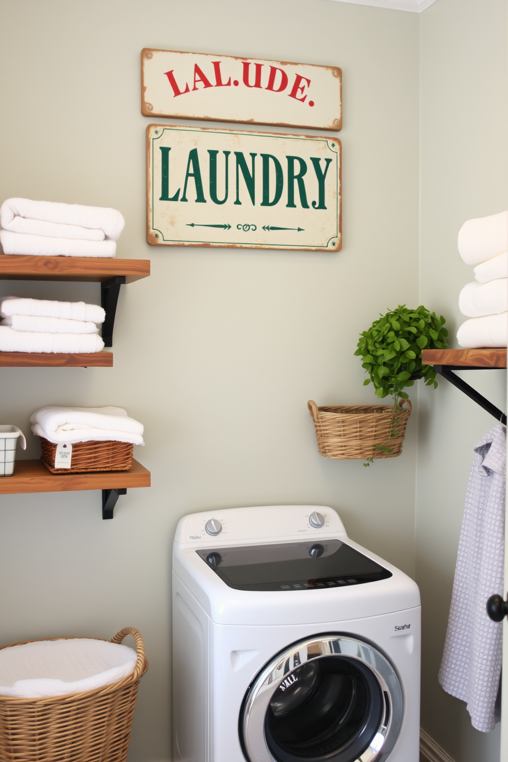 A vintage laundry sign hangs on the wall, adding a charming touch to the space. The sign features classic typography and soft pastel colors, complementing the overall decor. The laundry room is adorned with rustic shelves made of reclaimed wood, showcasing neatly folded towels and baskets. A vintage-inspired washing machine sits prominently, enhancing the nostalgic feel of the room.