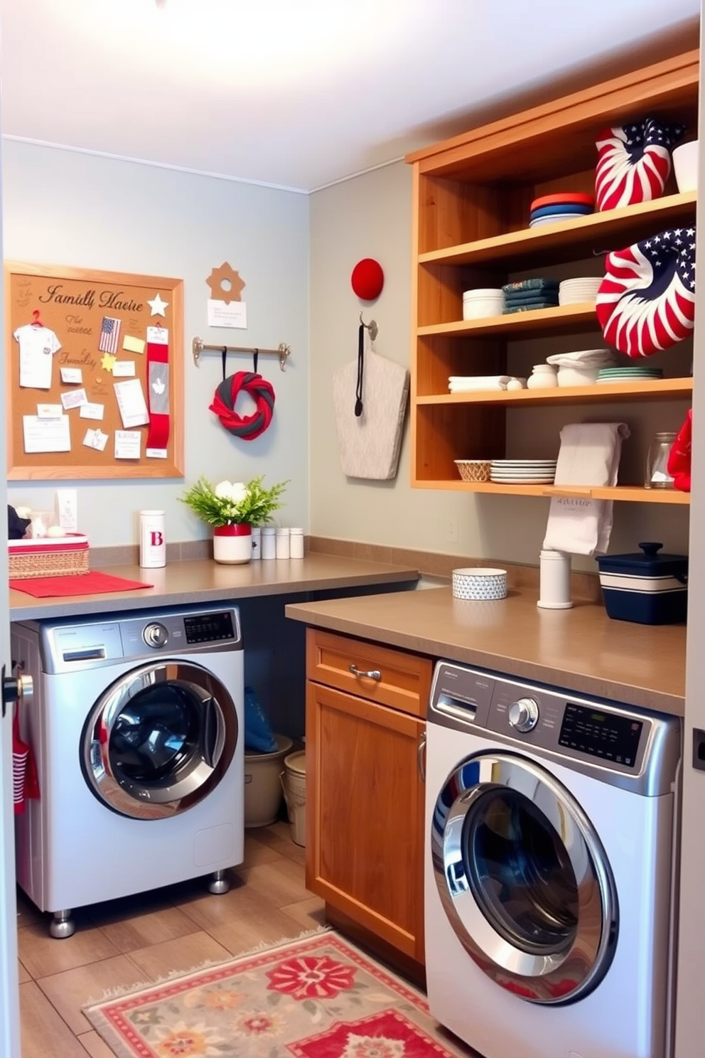 A laundry room designed to maximize vertical space features open shelving above the washer and dryer, displaying neatly folded towels and decorative baskets. The walls are painted in a soft pastel color, creating a bright and airy atmosphere, while a large pegboard on one side organizes tools and cleaning supplies efficiently.