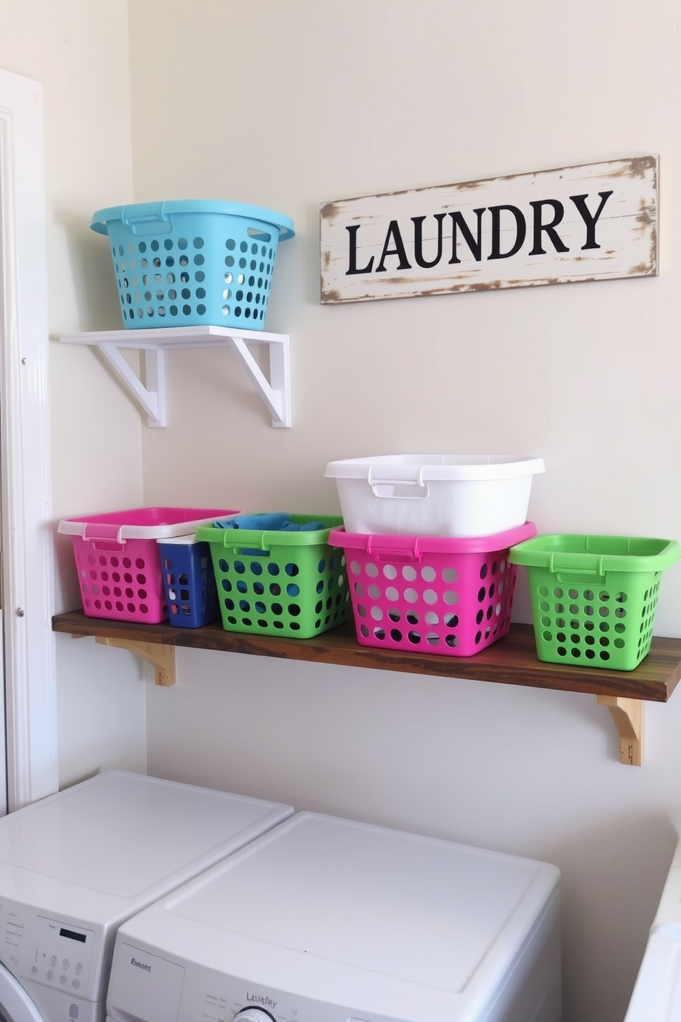 Colorful baskets in various sizes are neatly arranged on a rustic wooden shelf, providing a cheerful and organized space for laundry sorting. The walls are painted in a soft pastel hue, and a vintage-inspired laundry sign adds a charming touch to the room.