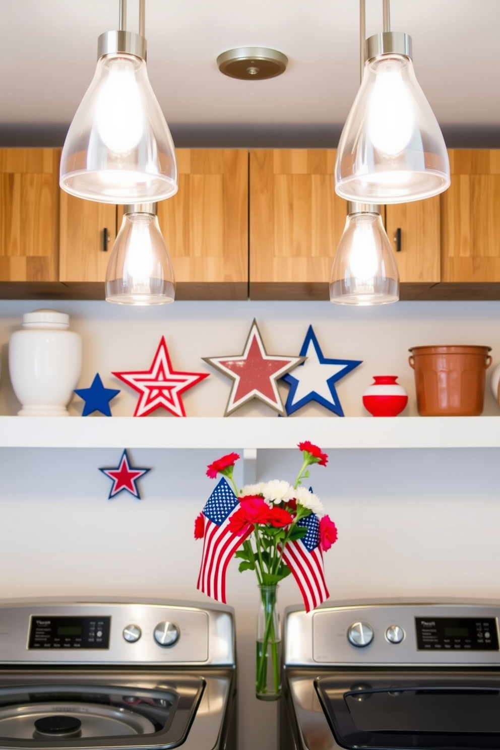 Chic pendant lights hang gracefully from the ceiling, casting a warm glow over the space. The fixtures feature sleek lines and a polished finish, complementing the contemporary aesthetic of the laundry room. Memorial Day decorations bring a festive touch to the laundry room, incorporating red, white, and blue accents throughout. A charming display of stars and stripes is arranged on the shelves, while seasonal flowers in a vase add a fresh pop of color.