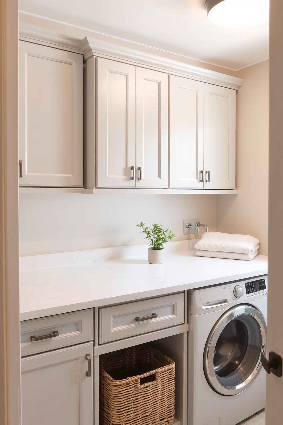 A serene laundry room featuring a neutral color palette that promotes a calming atmosphere. The walls are painted in soft beige, complemented by white cabinetry and light gray countertops. Natural light floods the space through a large window adorned with sheer white curtains. Decorative baskets are neatly arranged on the shelves, adding both functionality and style to the room.