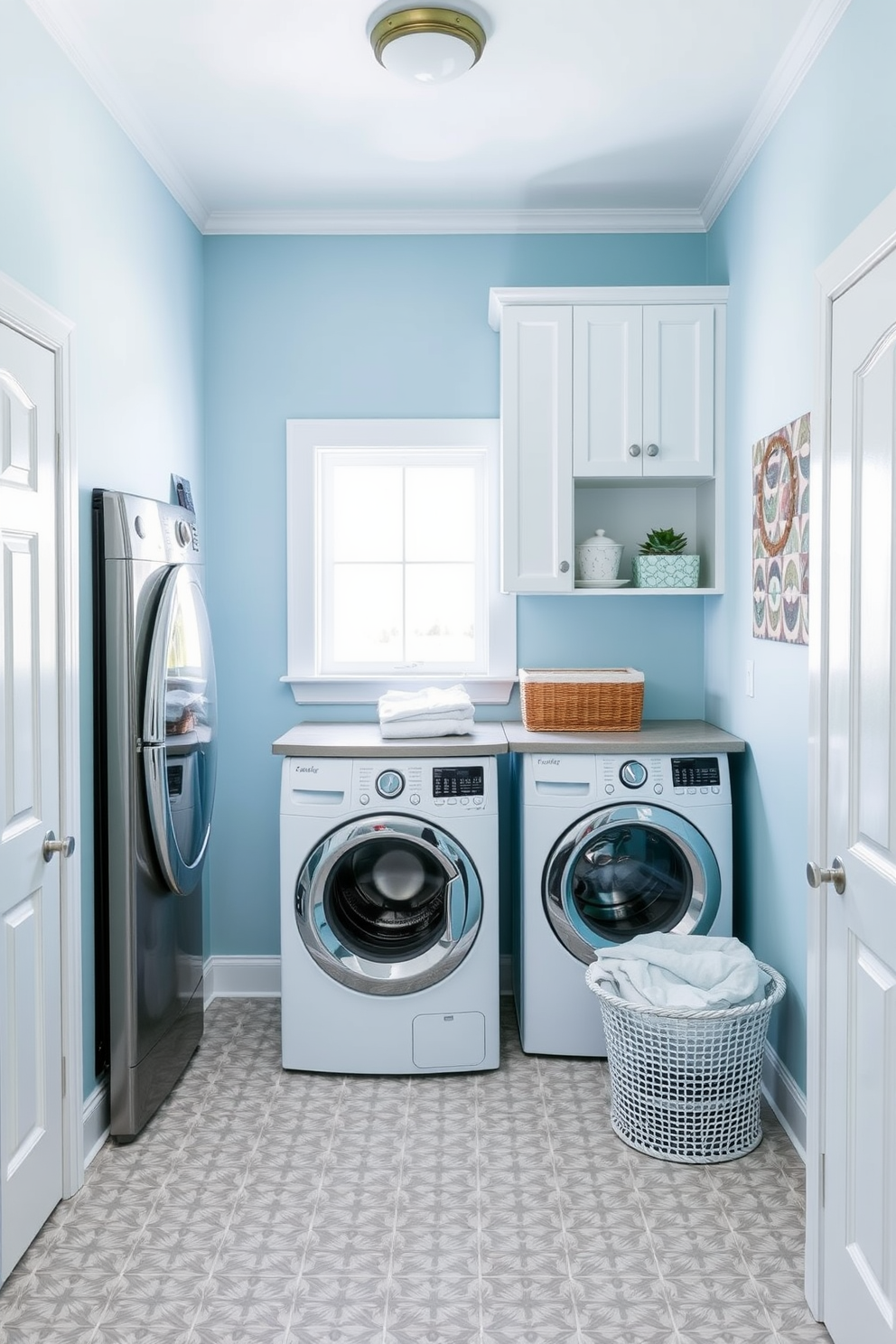 A bright and functional laundry room features a spacious folding station designed for convenience. The walls are painted in a cheerful light blue, and ample storage cabinets are installed above the folding area for organization. The floor is adorned with durable, easy-to-clean tiles in a subtle geometric pattern. Natural light floods the room through a window, creating an inviting atmosphere perfect for tackling laundry tasks.