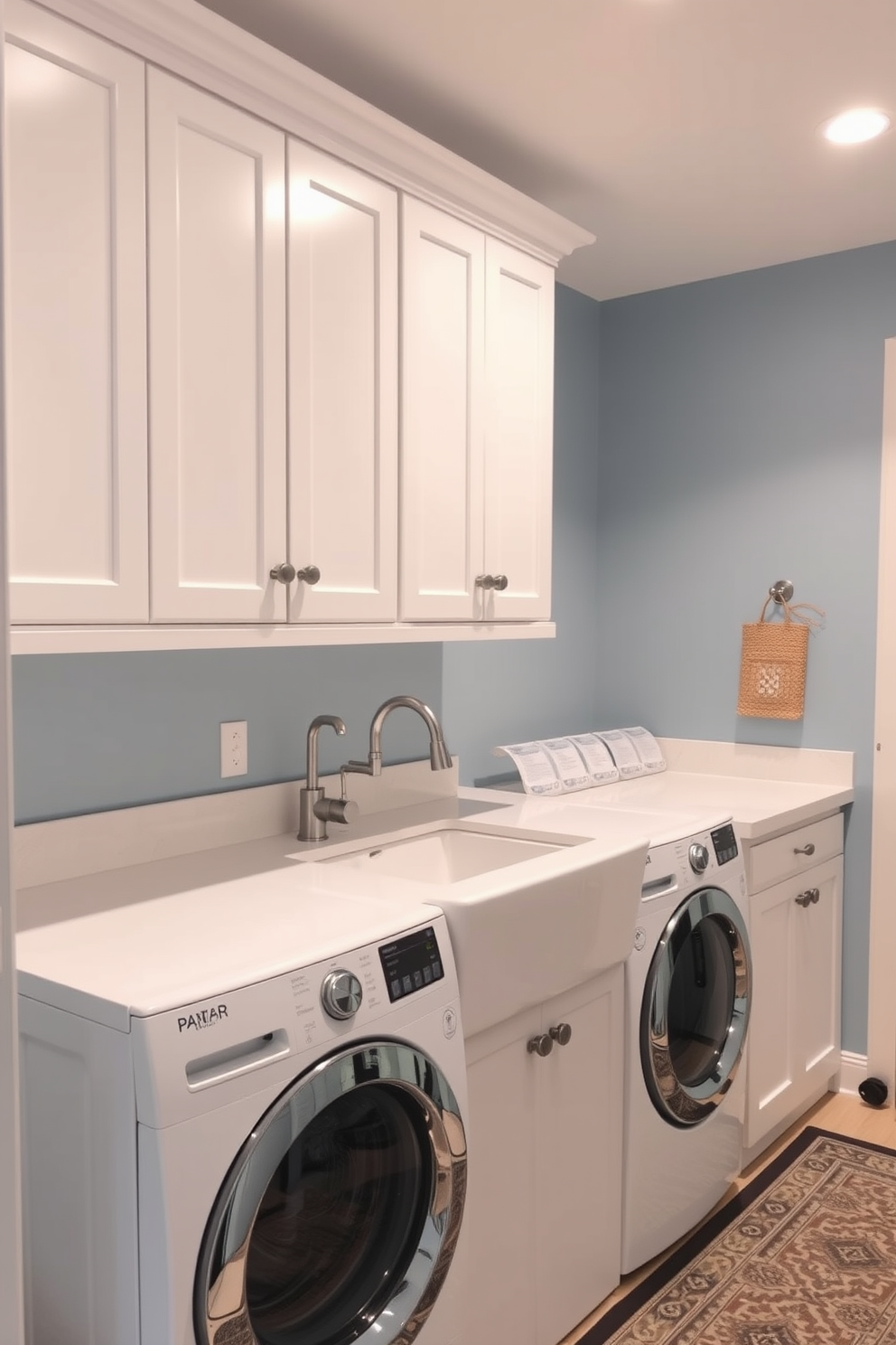 A stylish laundry room designed for functionality and ease. The space features a large sink with a sleek faucet, perfect for handling laundry tasks efficiently. The walls are painted in a soft blue hue, creating a calming atmosphere. Ample storage is provided by white cabinets above the sink, while a patterned rug adds a touch of warmth to the floor.