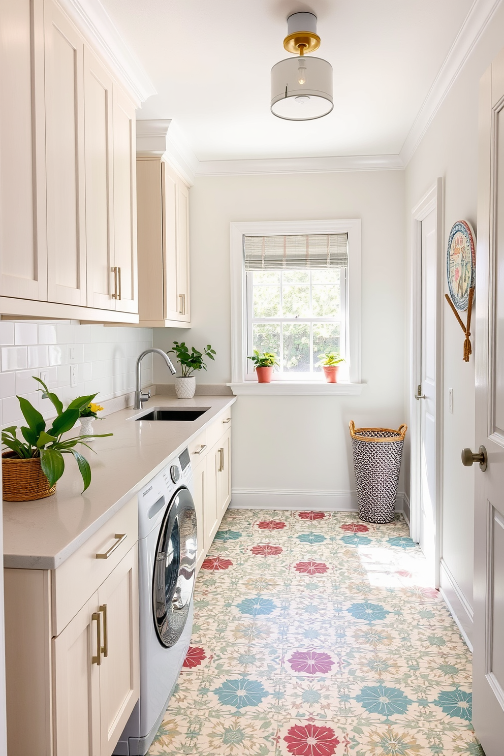 A bright and inviting laundry room features decorative jars filled with colorful laundry supplies arranged neatly on a floating shelf. The walls are painted a soft blue, and a vintage-style laundry sign adds a charming touch to the overall decor.