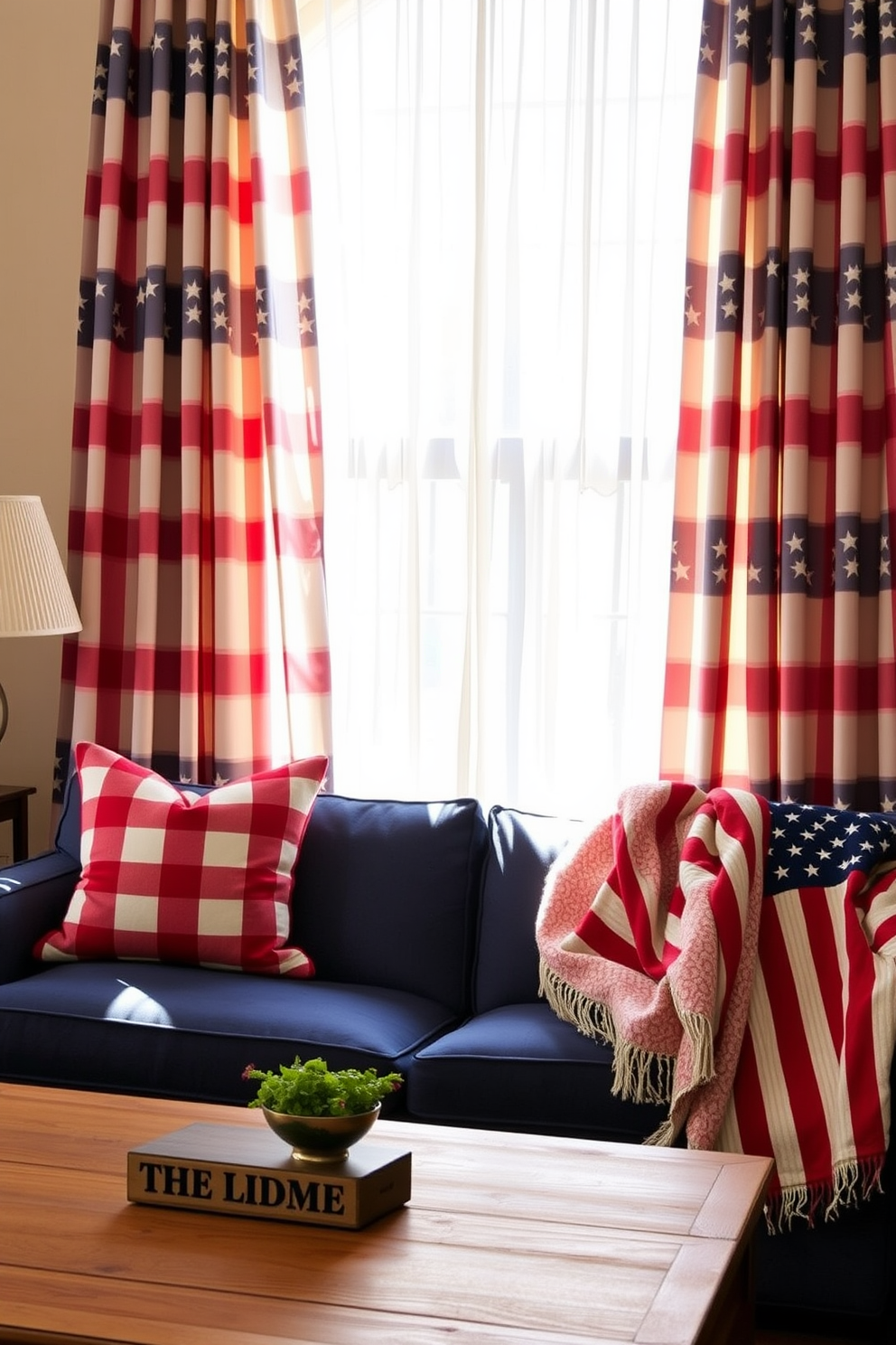 A cozy living room adorned with red white and blue patterned curtains that flutter gently in the breeze. The space features a plush navy sofa complemented by a rustic coffee table and a patriotic throw blanket draped over the armrest.