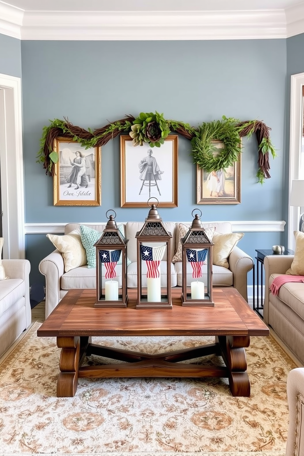 A cozy living room featuring a plush couch adorned with star-shaped decorative pillows in various sizes and colors. The space is accented with patriotic decor, incorporating red, white, and blue elements to celebrate Memorial Day.