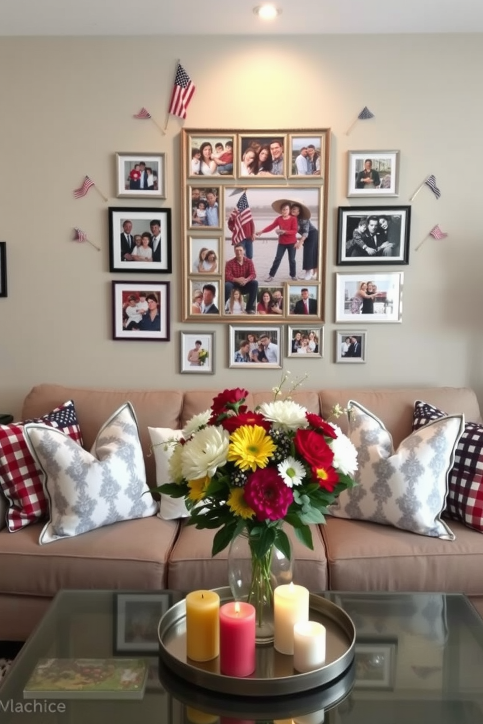 A Memorial Day photo collage display featuring a mix of framed photographs that celebrate family and friends gathered for past Memorial Day celebrations. The collage is arranged on a focal wall, surrounded by patriotic decorations like small flags and red, white, and blue accents. Memorial Day living room decorating ideas include a cozy seating area adorned with throw pillows in festive colors. A centerpiece of fresh flowers in a vase, alongside candles in themed colors, adds a warm and inviting touch to the space.