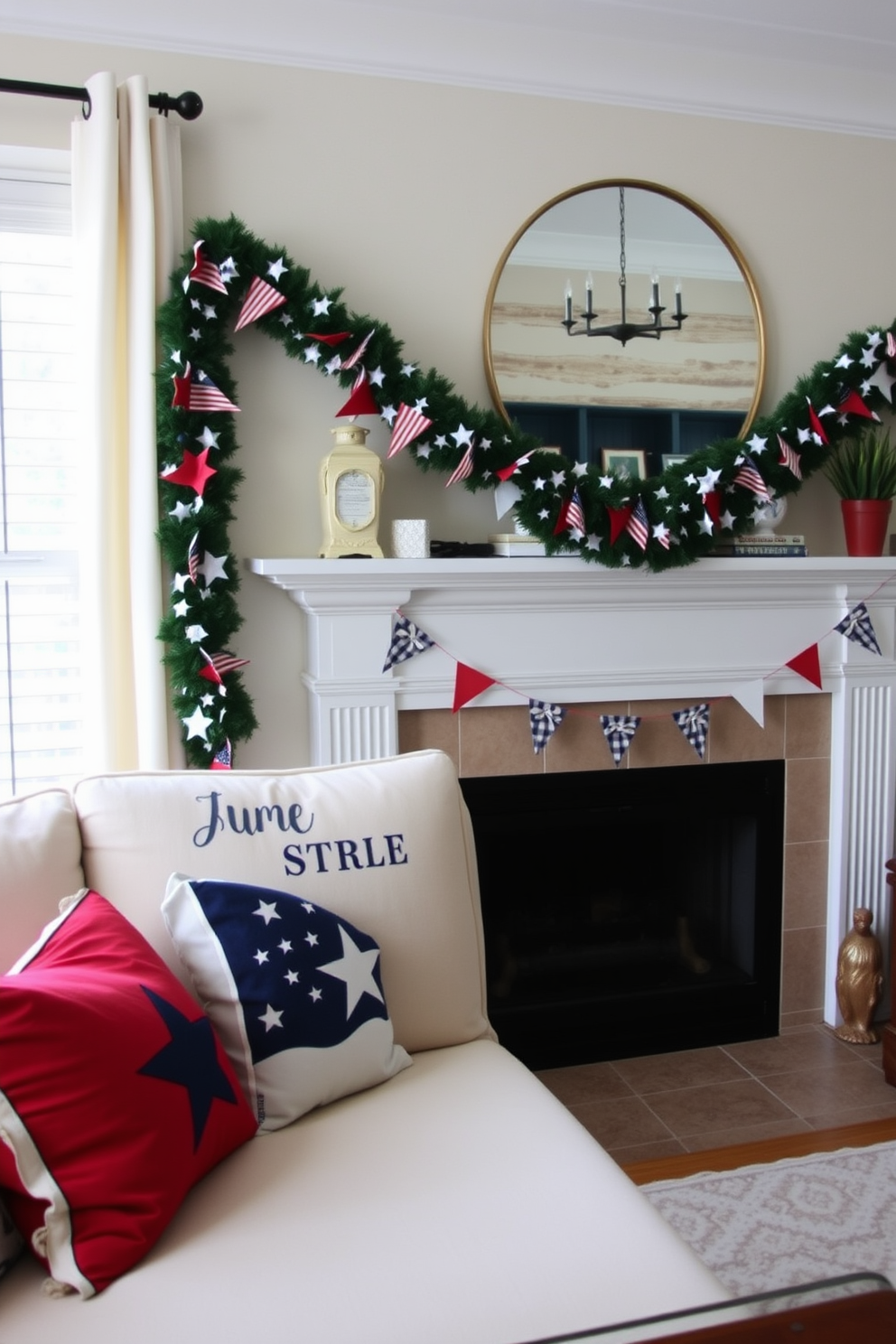 A festive garland adorned with mini flags drapes elegantly across the mantelpiece, bringing a cheerful touch to the living room. The room is decorated in shades of red, white, and blue, with throw pillows featuring stars and stripes arranged on a plush sofa.