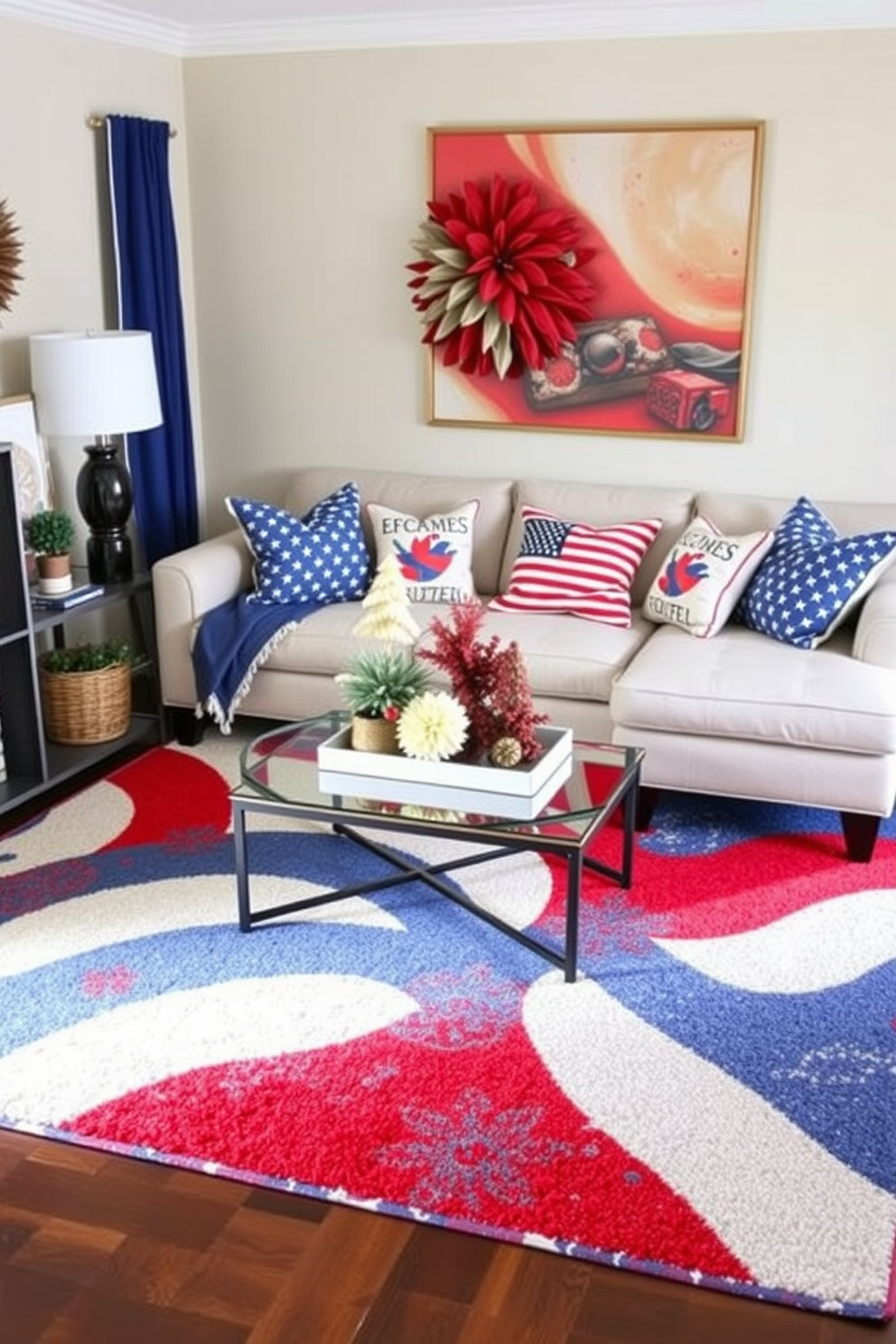 A vibrant living room featuring a red white and blue themed area rug that adds a festive touch to the space. The rug is complemented by a cozy navy sofa adorned with striped throw pillows in matching colors. The walls are painted in a soft cream shade to enhance the patriotic theme. A rustic coffee table sits in the center, surrounded by decorative elements like a star-spangled banner and seasonal flowers in a vase.