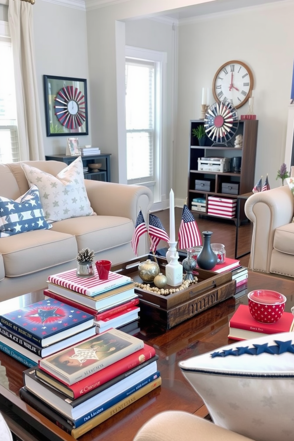 A cozy living room setting featuring a coffee table adorned with a selection of patriotic themed books. The decor includes red white and blue accents with a tasteful arrangement of decorative items that evoke a sense of national pride. The coffee table is surrounded by a comfortable seating area with plush sofas and patriotic throw pillows. Soft lighting enhances the warm atmosphere while seasonal decorations celebrate Memorial Day throughout the space.