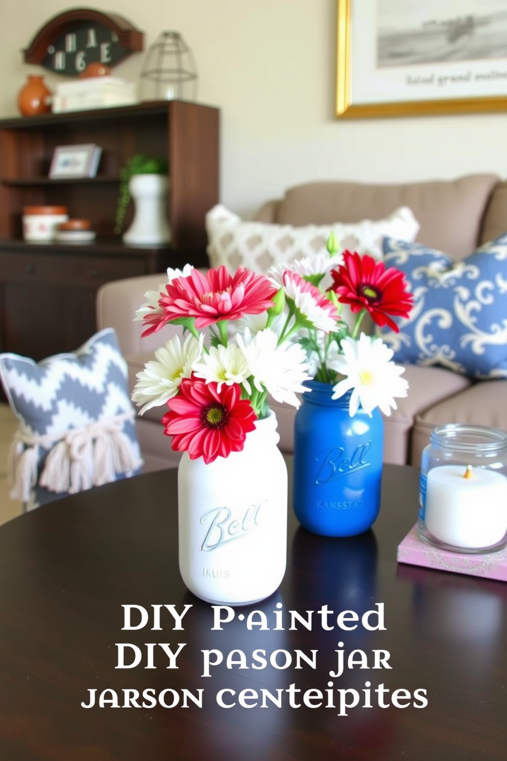 A cozy living room setting featuring DIY painted mason jar centerpieces. The jars are adorned with red white and blue colors and filled with fresh flowers for a festive touch.