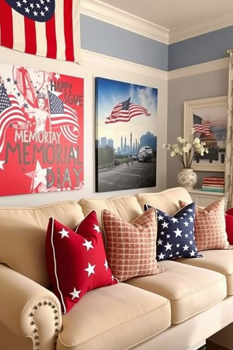 A vibrant living room adorned with red white and blue themed artwork celebrating Memorial Day. The walls showcase large canvas prints featuring patriotic imagery while a cozy sofa is accented with throw pillows in matching colors.