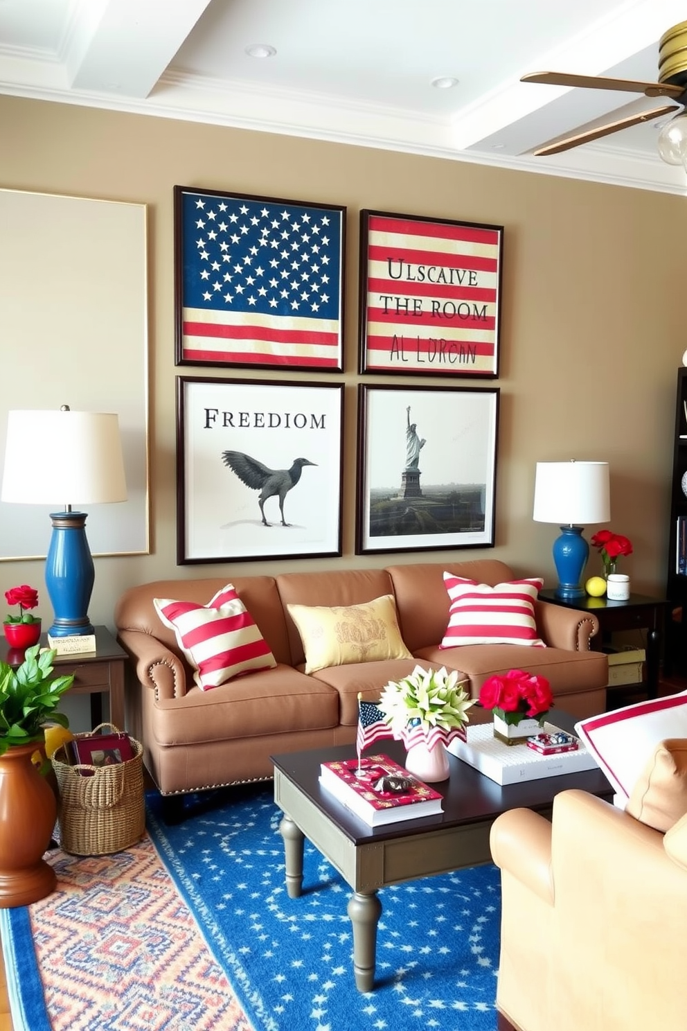 A patriotic themed living room features wall art prints showcasing the American flag and iconic symbols of freedom. The decor is complemented by red, white, and blue accents throughout the space, creating a festive and welcoming atmosphere.