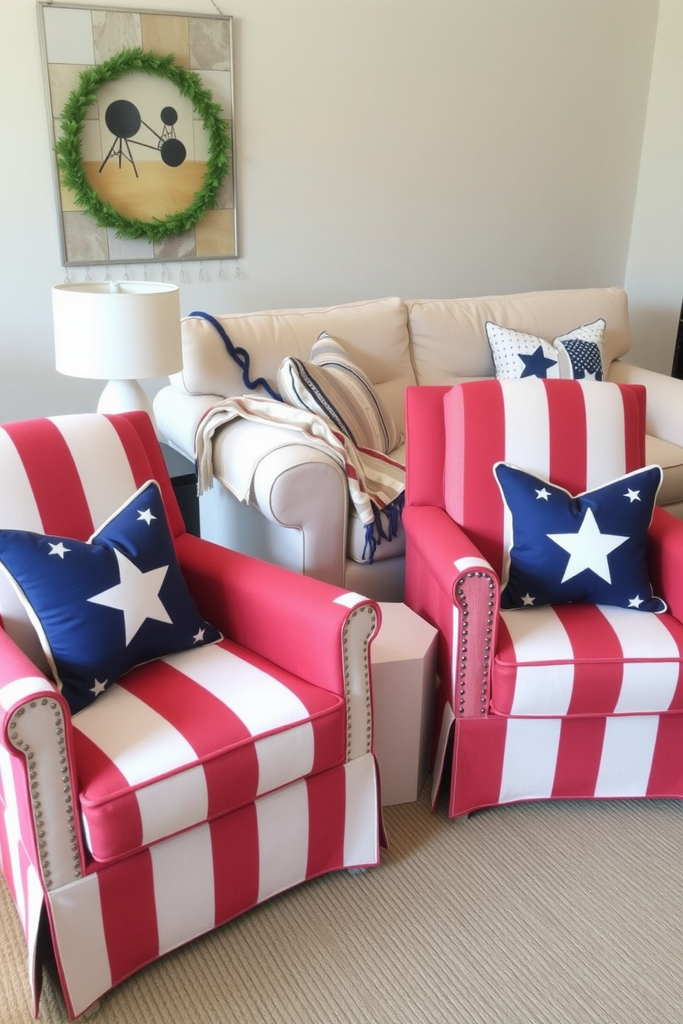 Patriotic themed coasters for drinks featuring red white and blue colors with star and stripe patterns. The coasters are made of durable cork and have a glossy finish to enhance their vibrant design. In a Memorial Day living room setting, the coasters are placed on a rustic wooden coffee table surrounded by comfortable seating. The decor includes an American flag throw blanket draped over a neutral sofa and festive red white and blue accents throughout the room.