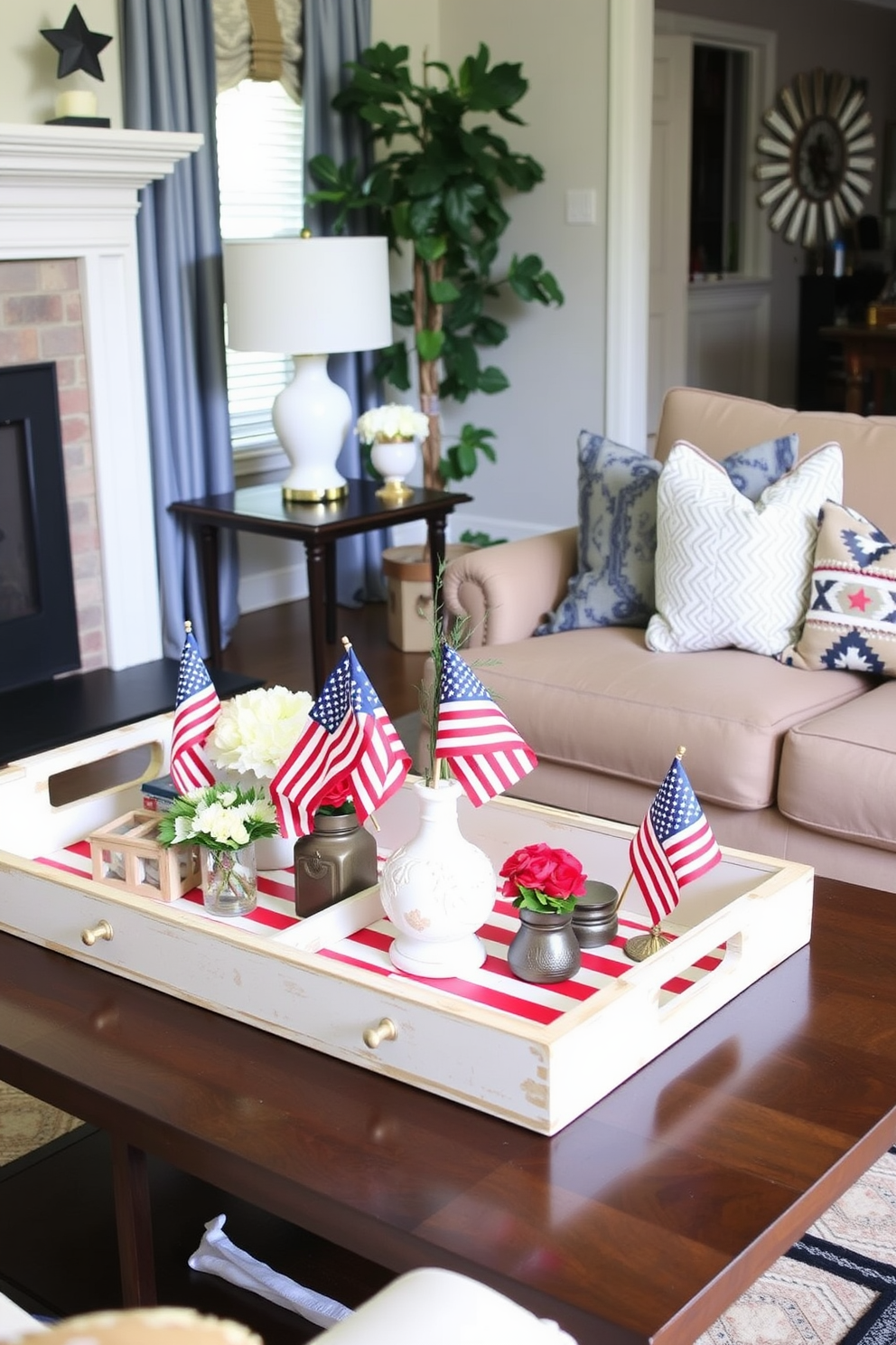 A cozy living room adorned with decorative trays featuring patriotic decor for Memorial Day. The trays are artfully arranged on a coffee table, showcasing red white and blue accents along with small flags and seasonal flowers.