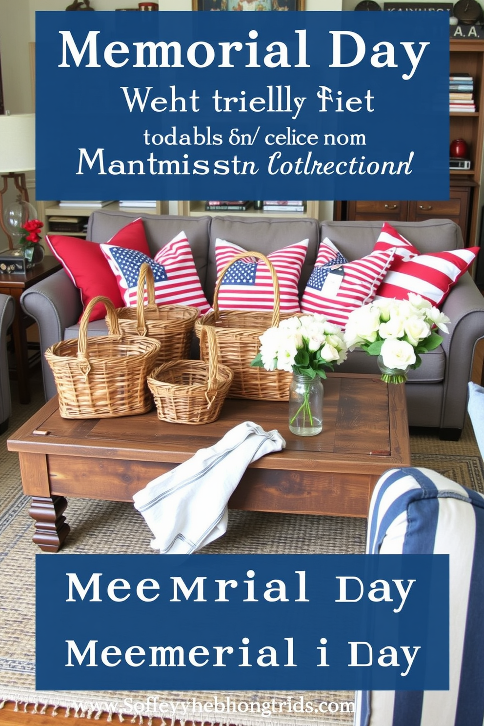 Create a cozy living room setting that celebrates Memorial Day with vintage picnic baskets as decor. Arrange the baskets in various sizes on a rustic wooden coffee table surrounded by comfortable seating and patriotic accents. Incorporate red, white, and blue throw pillows on the sofa to enhance the festive atmosphere. Use a woven rug to tie the space together, and add fresh flowers in a mason jar for a charming touch.