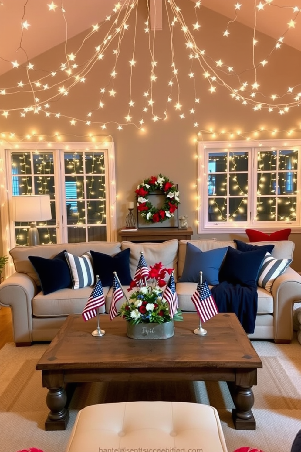 A cozy living room adorned with festive string lights creating a warm ambiance. The lights are draped elegantly across the ceiling and around the windows, casting a soft glow throughout the space. Colorful decorative pillows in red, white, and blue are arranged on a plush sofa. A rustic coffee table is set with a centerpiece of fresh flowers and small American flags, enhancing the Memorial Day theme.