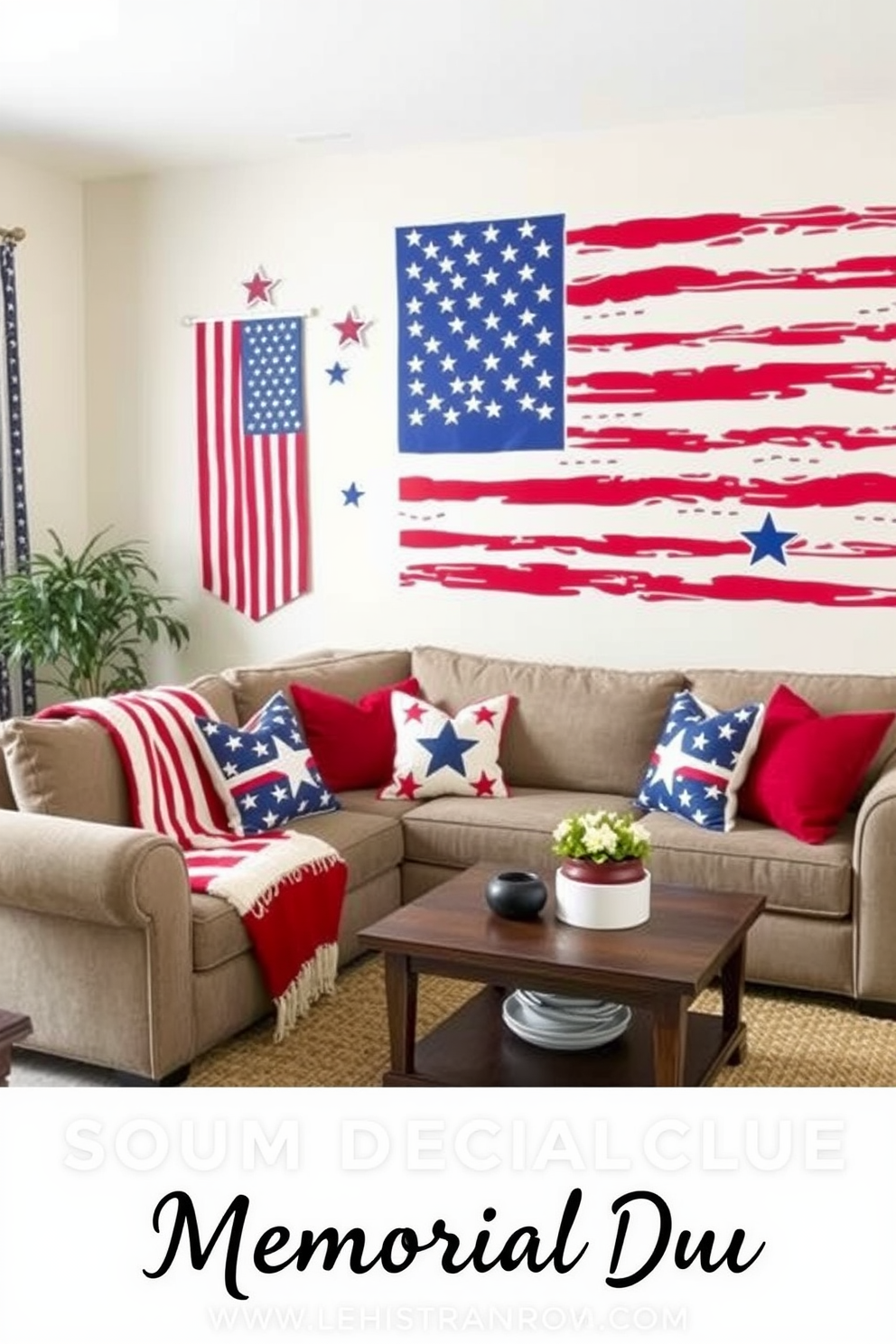 A cozy living room adorned with patriotic themed artwork displayed on elegant easels. The walls are painted in soft blue, complemented by red and white accents, creating a festive atmosphere perfect for Memorial Day celebrations.