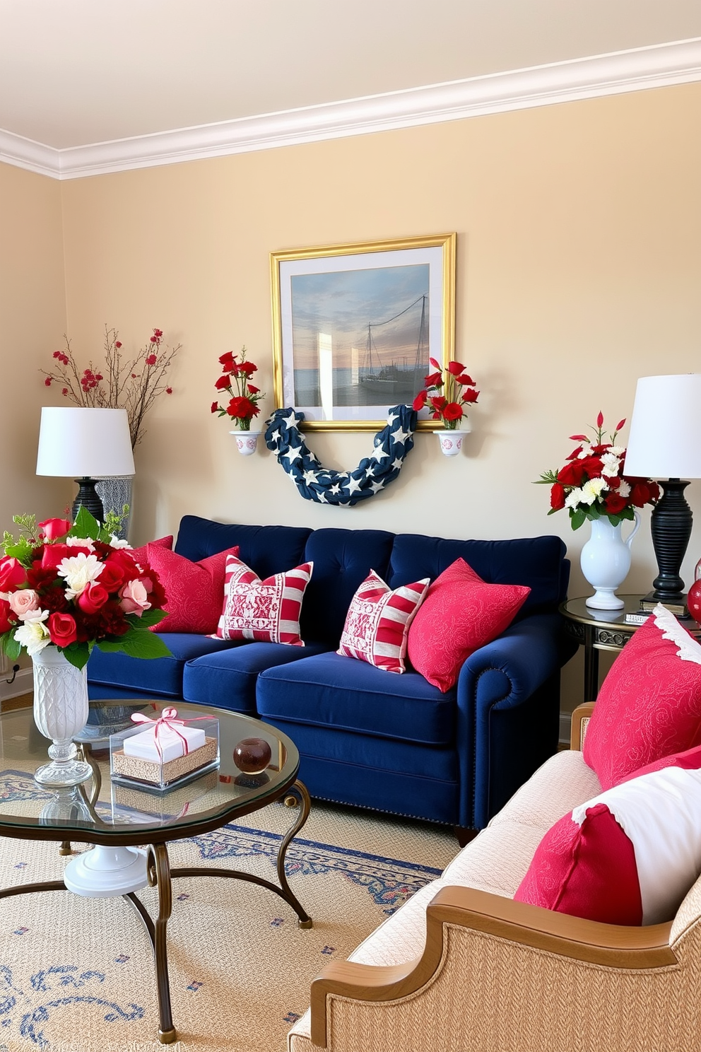 A cozy living room adorned with vintage postcards displayed on the walls. The postcards feature various scenic landscapes and nostalgic images, creating a warm and inviting atmosphere. A comfortable sofa is positioned in the center, complemented by a rustic coffee table made of reclaimed wood. Soft throw pillows in muted colors add a touch of elegance, while a patterned area rug anchors the space.