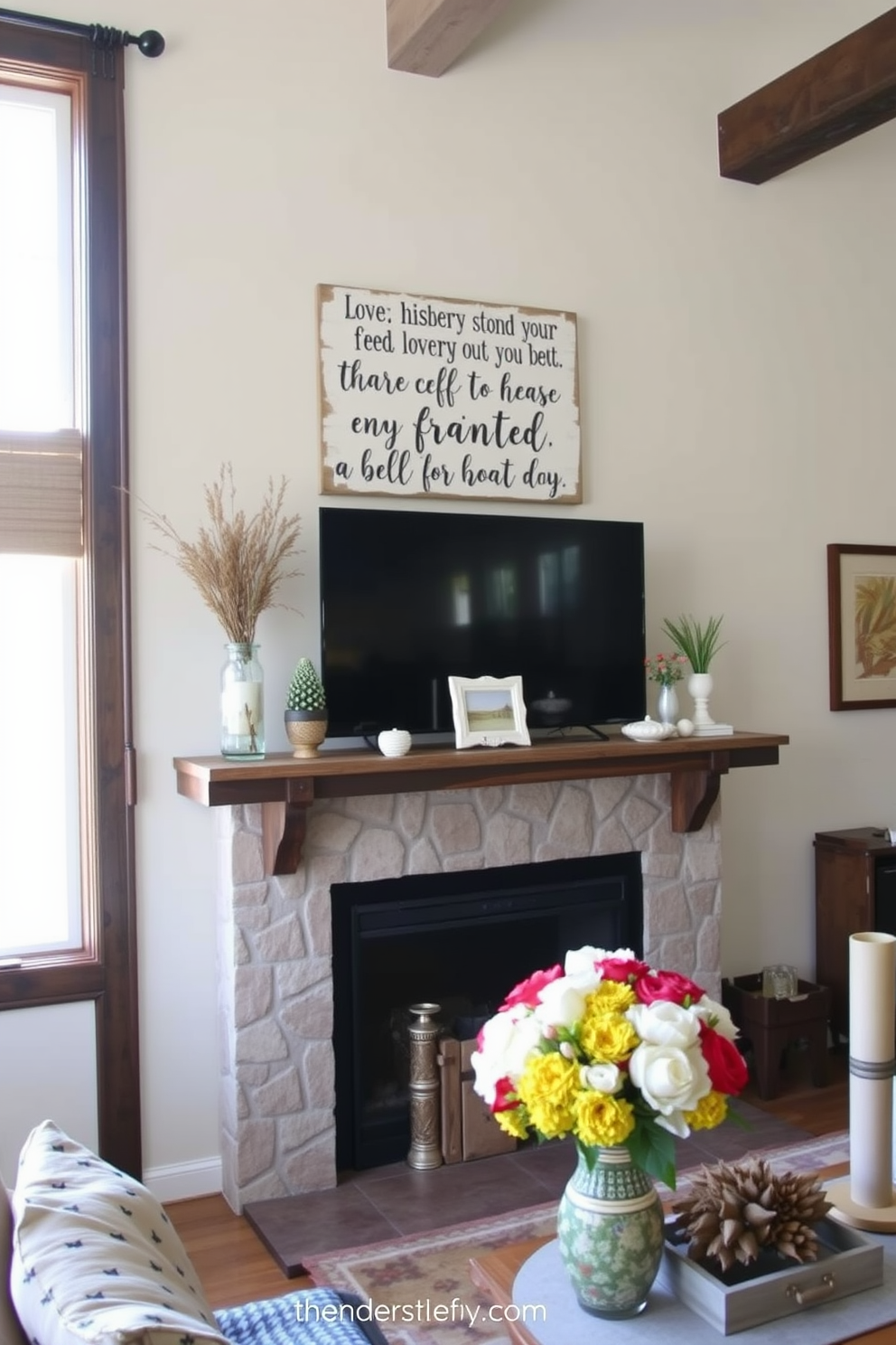 A cozy living room adorned with a DIY painted wood sign featuring a heartfelt quote. The sign hangs above a rustic wooden mantel, complemented by a collection of seasonal decor and fresh flowers in a vase.