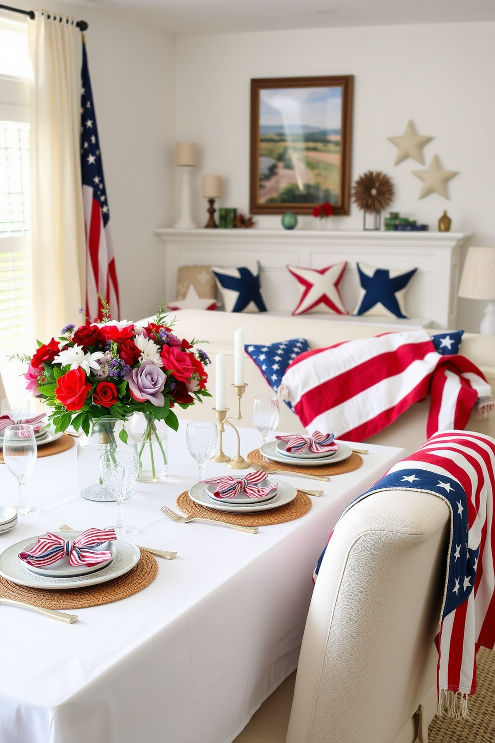 A festive table setting adorned with red white and blue themed dishes. The table is elegantly laid with a crisp white tablecloth and accented with vibrant floral centerpieces. For Memorial Day the living room is decorated with patriotic throw pillows and a cozy red white and blue blanket draped over the sofa. Subtle touches like star-shaped decorations and candles create a warm inviting atmosphere.